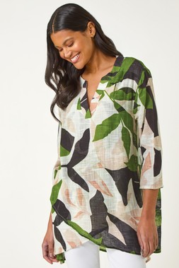 Roman Leaf Print Wrap Front Tunic Top