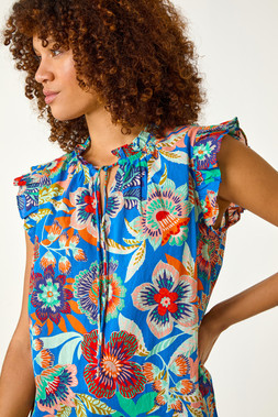 Roman Blue Mono Printed Frill Sleeve Top