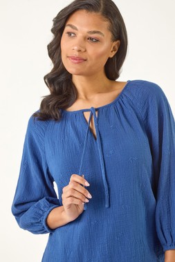 Roman Blue Cotton Tie Neck Tunic Top