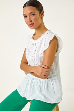 Roman Ivory Broderie Anglais Frill Sleeve Top