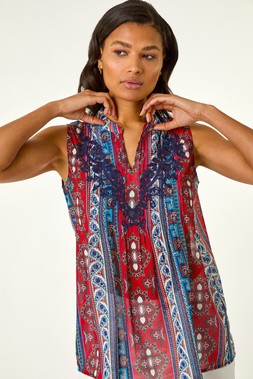 Roman Red Embroidered Abstract Print V-Neck Top