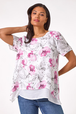 Roman Pink Floral Print Layered Tunic Top