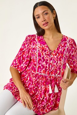 Roman Pink Abstract Print Tassel Top