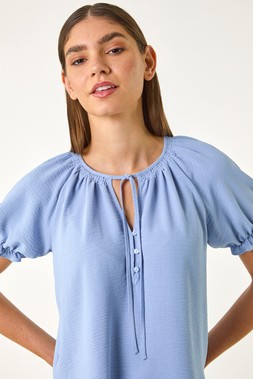 Roman Shirred Tie Front Neck Top