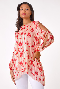 Roman Light Pink Rose Print Metallic Tunic Top