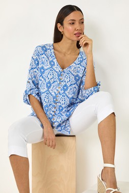 Roman Blue Floral Printed Button Detail Top
