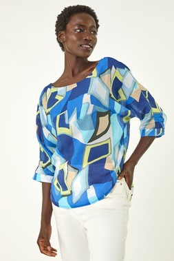 Roman Blue Abstract Print Stretch Top