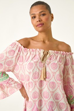 Roman Pink Printed Bardot Tie Neck Top