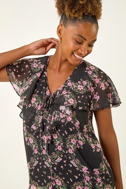 Roman Black Floral Print Frill Neck Top