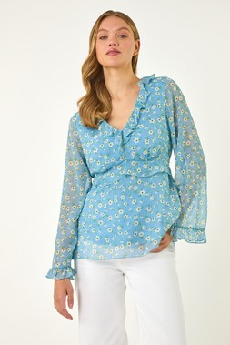 Roman Light Blue Ditsy Floral Print Frilled Top