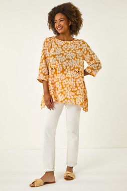 Roman Yellow Floral Print Pocket Tunic Top