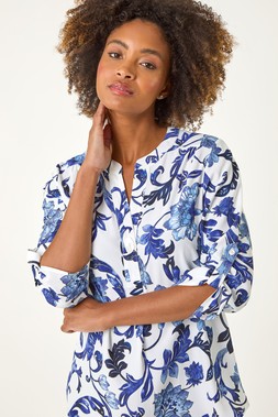 Roman Blue Floral Print Gathered Blouse