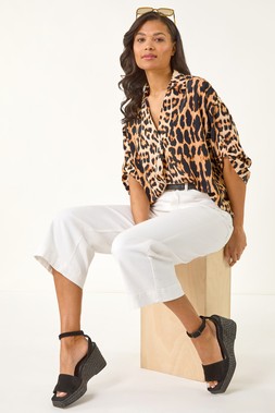 Roman Natural Animal Print Collar V-Neck Top
