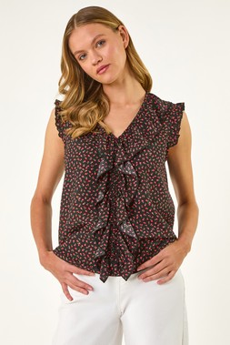 Roman Floral Print Ruffle Front Vest Top