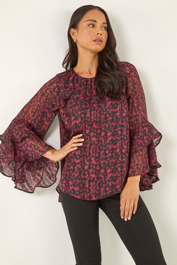 Roman Petite Red Animal Frill Sleeve Top