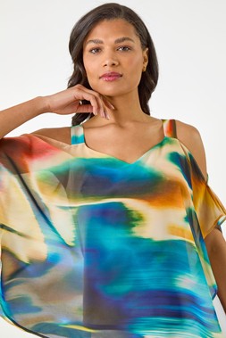 Roman Yellow Abstract Overlay Cold Shoulder Top