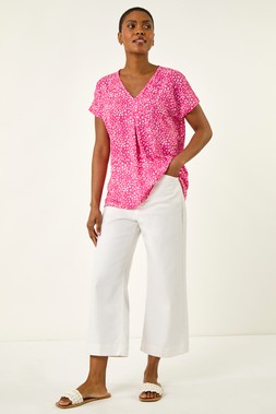 Roman Pink Spot Print V-Neck Pleat Front Top