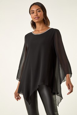 Roman Black Sparkly Asymmetric Chiffon Top