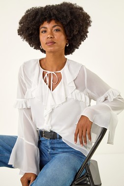 Roman Ivory Chiffon Tie Neck Ruffle Tunic Top