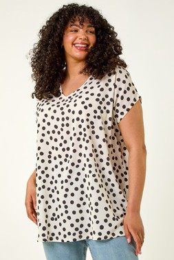 Roman Curve Ivory Spot Print Cocoon Stretch Top