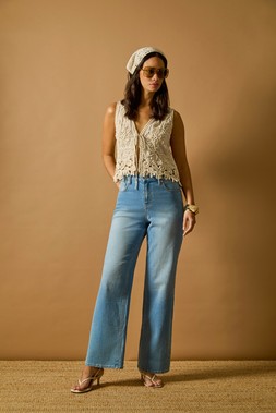Roman Dusk Stone Floral Embroidered Waistcoat & Blue Wide Leg Denim Jeans