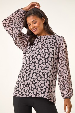 Roman Black Spot Print Pleated Tunic Top