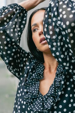 Roman Petite Black Spot Print Frill Top