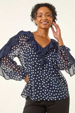 Roman Petite Navy Spot Print Frill Top