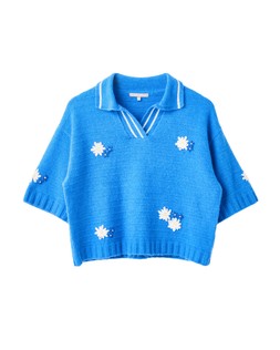 Blue Floral Embroidered Collared Knitted T-Shirt £65