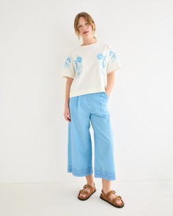 Blue Striped Embroidered Cropped Wide Leg Trousers £65 €85