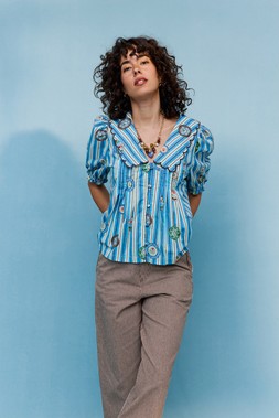 Blue Striped Plate Print Scalloped Collar Shirt £58