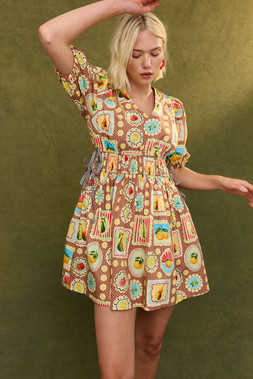 Brown Postcard Print V-Neck Puff Sleeve Midi Dress £78 €105