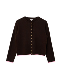 Chocolate Brown & Pink Trim Crew Neck Knitted Cardigan £58.00 €76.00