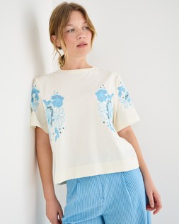 Cream & Blue Floral Embroidered T-Shirt £45 €59