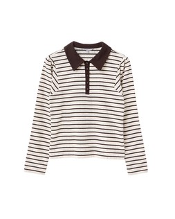 Cream & Brown Striped Pointelle Long Sleeve Polo Neck Top £45