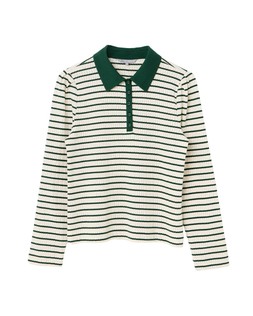 Cream & Green Striped Pointelle Long Sleeve Polo Neck Top £45.00 €59.00