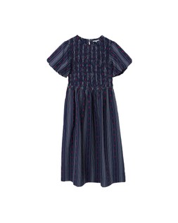 Dark Blue Striped Floral Jacquard Shirred Bodice Midi Dress £85 €115