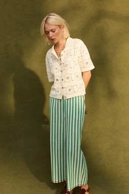 Green & Cream Striped Embroidered Hem Cropped Wide Leg Trousers £65 €85