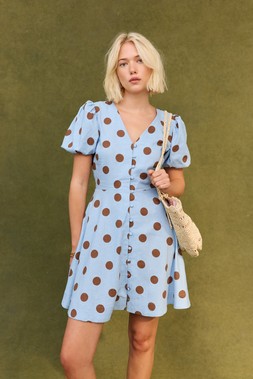 Light Blue & Brown Polka Dot Linen Blend Mini Dress £78 €102