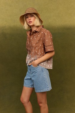 Mocha Brown & Cream Broderie Short Sleeve Shirt £65 €85