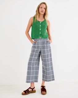 Navy Blue & White Gingham Embroidered Cropped Wide Leg Trousers £70 €91