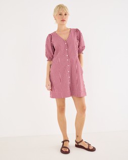 Pink & Burgundy Striped Seersucker Puff Sleeve Mini Dress £75 €98