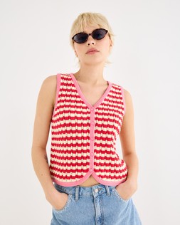 Red & Cream Striped V-Neck Knitted Waistcoat £55 €72