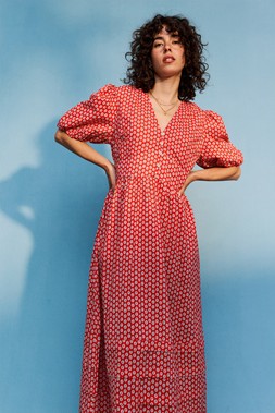 Red Ditsy Floral V-Neck Puff Sleeve Midi Dress £80