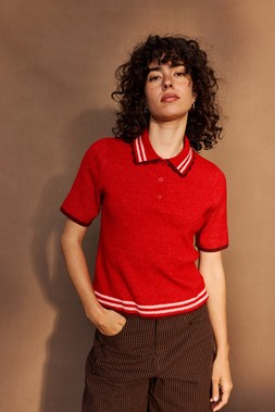 Red Ribbed Short Sleeve Knitted Polo Top £60