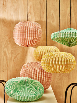 Vadella Yellow Gingham Paper Lamp Shade £35, Vadella Green Gingham Paper Lamp Shade £35 & Vadella Pink Gingham Paper Lamp Shade £39.5