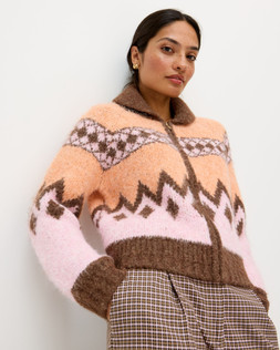 Peach & Brown Geometric Collared Knitted Bomber Jacket £85