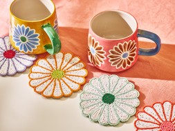 Multicoloured Flower Beaded Coasters Set of Four £19.5 & Pink & Brown Flower Ceramic Mug £12.5 (landscape)