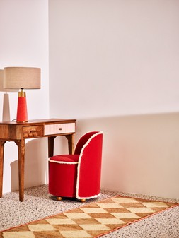 Oliver Bonas Ero Table Lamp and Shade £125 - Issey Chair £495 - Tinta Stripe Dressing Table £445
