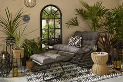 B&M GARDEN SS26 // BOTANICAL // MICHIGAN PADDED ROCKING CHAIR WITH FOOTSTOOL £80 // LEAF PRINT BLACK CUSHION £6 OR 2 FOR £10 // PLANT STAND STOOL £20 //